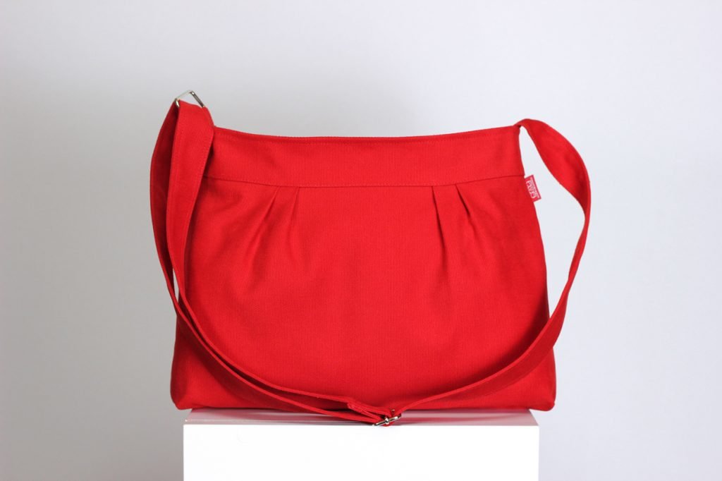 Red Small Canvas Crossbody Bag, Pleated Purse, Washable, Zip Closure