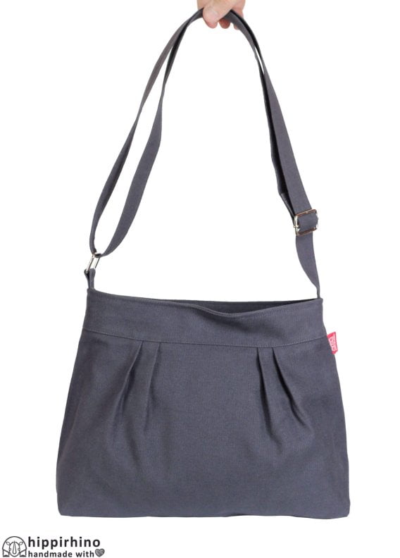 Dark Gray Small Sweet Pleated Canvas Teen Girl Bag Purse Washable Everyday Zippered Hobo Shopping Eco-friendly Cotton