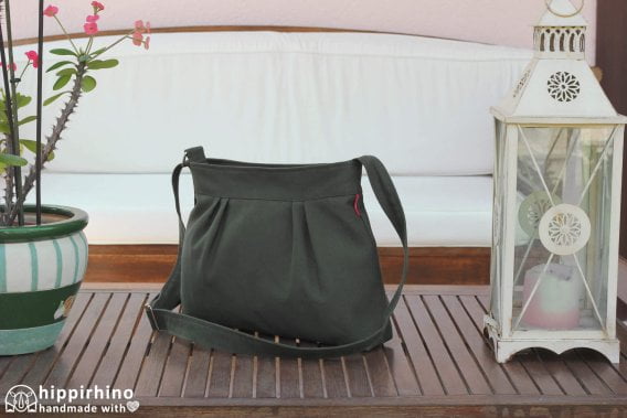Dark Military Green Small Simple Pleat Bag Purse Zip Closure Pleated Organic Cotton Canvas Everyday Bag
