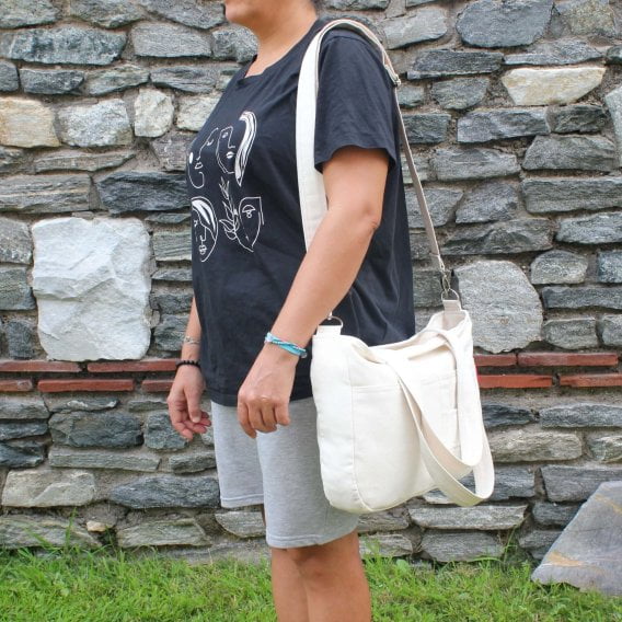 Canvas Shoulder Bag for Women Long Detachable Crossbody Strap Zipper Closure Cotton Gift for Mother Girlfriend Love Teacher Nurse White