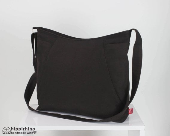Dark Brown Hobo Bag Side Pockets Large Medium Canvas Shoulder Crossbody Bag Women Daily Use Casual Handmade Vegan