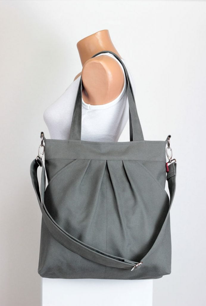 Gray Canvas Shoulder Crossbody Bag, Tote Bag, Washable Pleated, Large ...