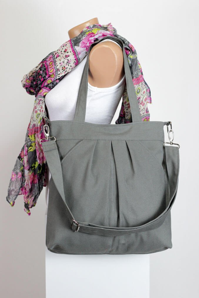 Gray Canvas Shoulder Crossbody Bag, Tote Bag, Washable Pleated, Large Bag,  Bottle Pocket Bag, Top Zippered, Fully Lined, School College Bag