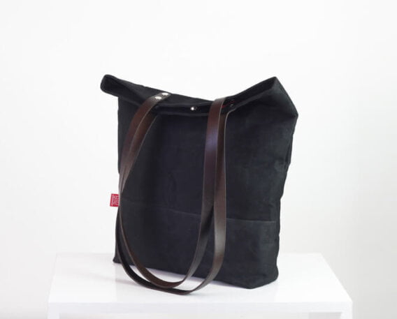 Black waxed canvas tote bag with leather strap shoulder use magnetic ...