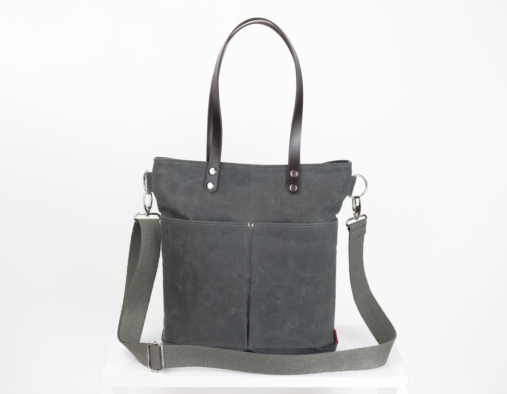 Waxed tote bag with long leather strap, extra thick leather, gray, waxed canvas, large tote ...