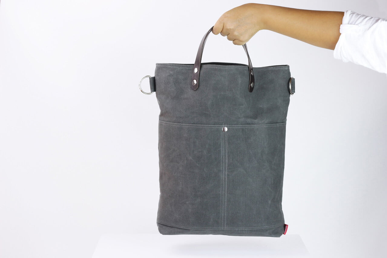 Waxed tote bag with short leather handle, extra thick leather, gray, waxed canvas, large tote ...