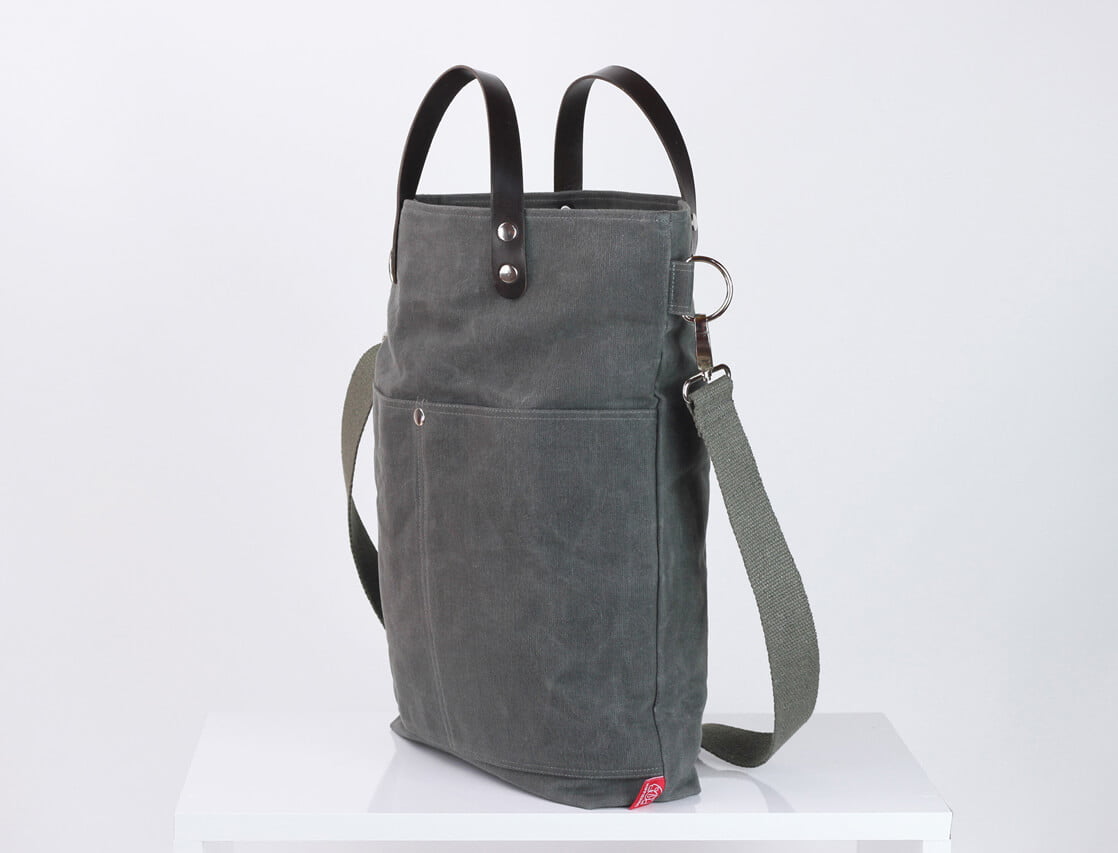 Waxed tote bag with short leather handle, extra thick leather, gray, waxed canvas, large tote ...