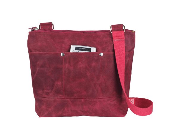 Medium Maroon Waxed Unisex Messenger Tote Bag Pocket Tote Fully Cotton Lining Minimalist Wax Canvas