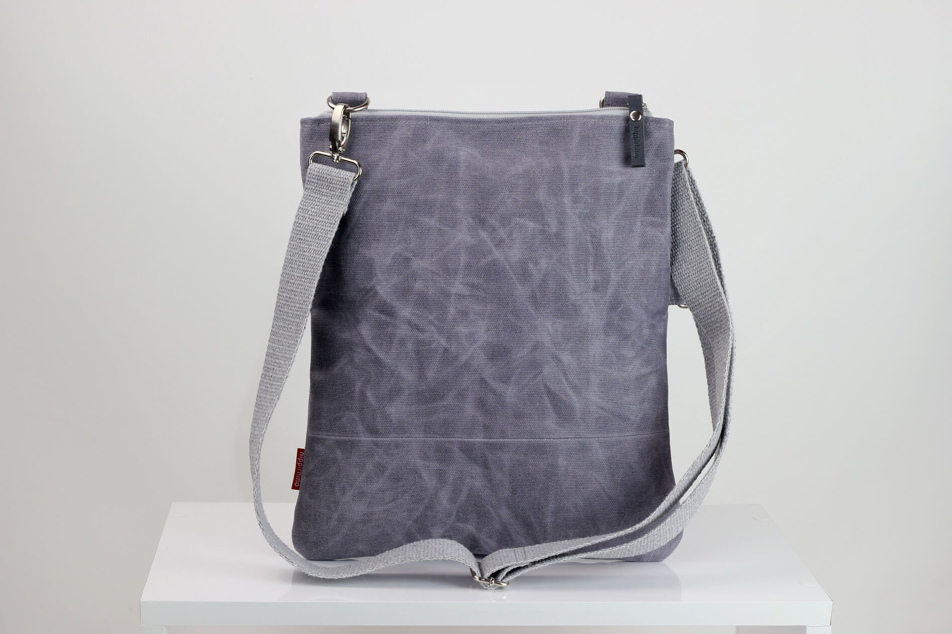 Light Grey Waxed Foldover Bag, Small Waxed Fold Over Canvas Bag, Zipper Closure, Cotton Long ...