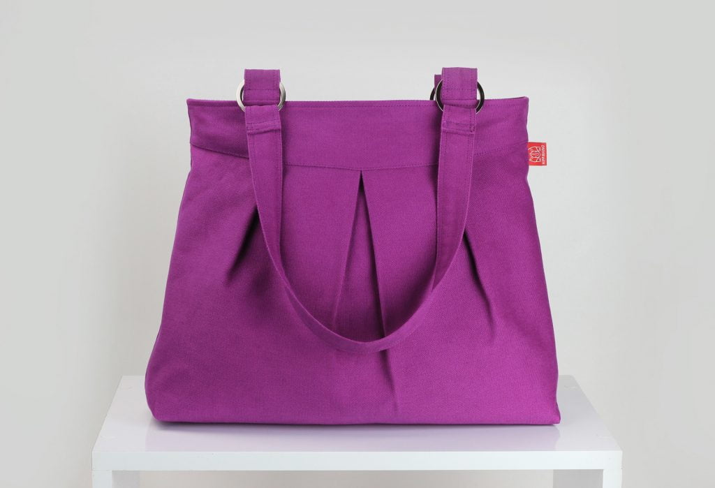 Purple Canvas Shoulder Bag Pleated Purse Sling Hobo Bag Handmade Medium Size Zipper Closure