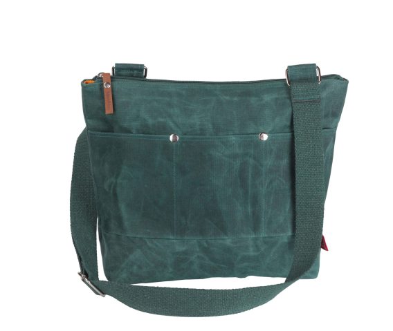 Green Waxed Medium Tote Bag Webbing Cotton Strap Fully Lined Outer Pocket Bag Zipper Closure Unisex