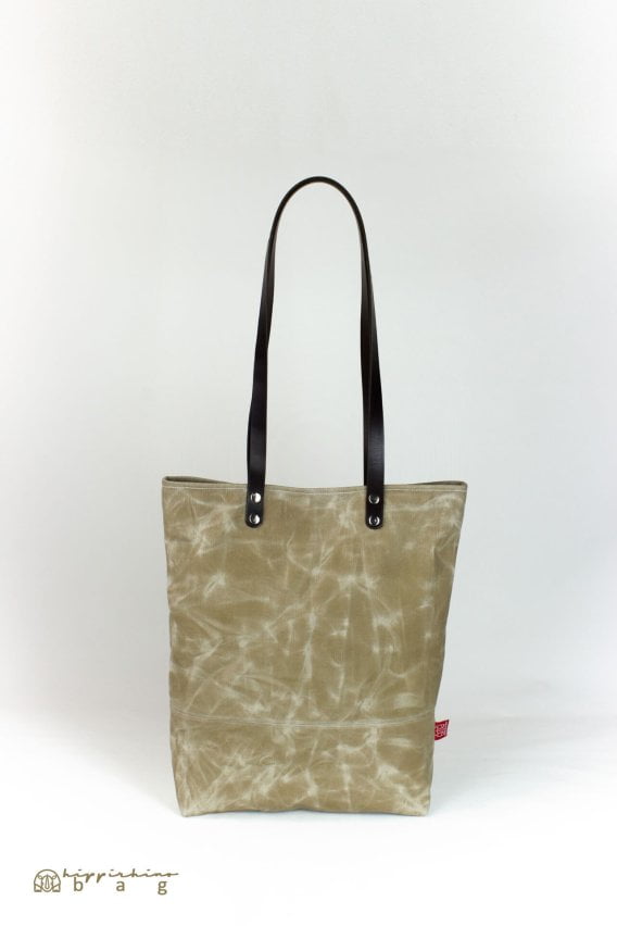 Waxed Beige Tote Bag with Leather Strap