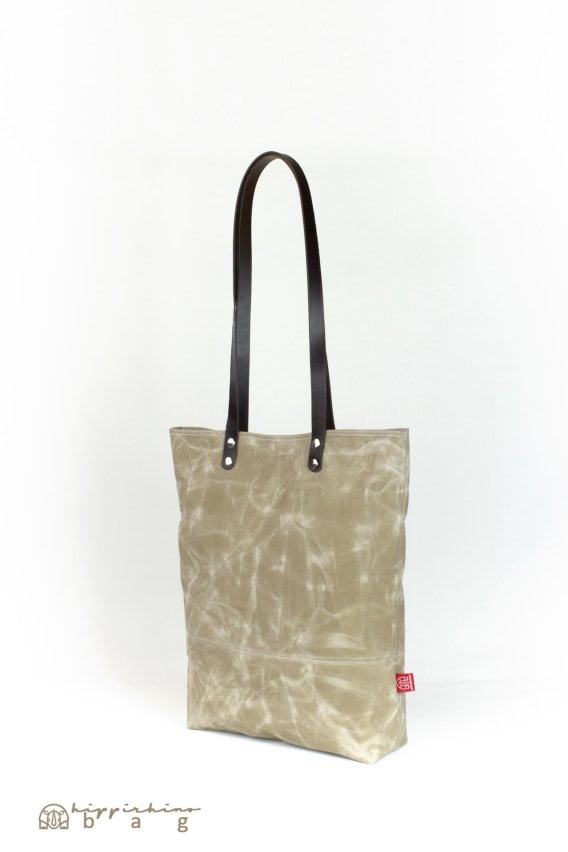Waxed Beige Tote Bag with Leather Strap