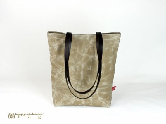 Waxed Beige Tote Bag with Leather Strap