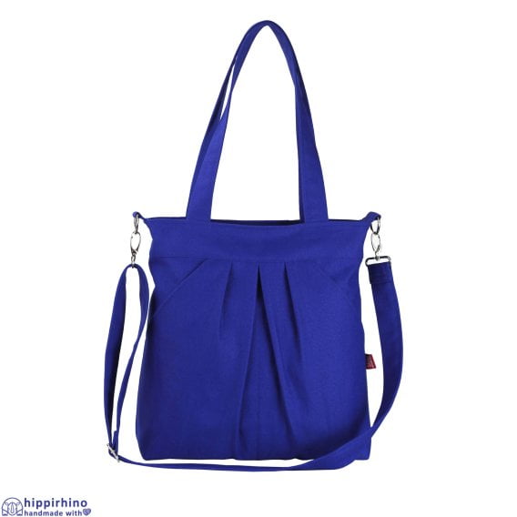Blue Pleated Large Canvas Shoulder Crossbody Bag Outer Pockets Removable Adjustable Strap Washable