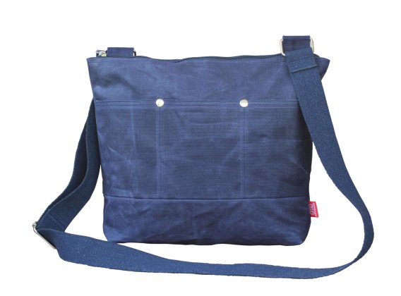 Waxed Medium Tote Bag Navy Blue Long Cotton Webbing Strap Fully Lined Day Bag Sturdy Rustic