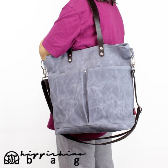 Gray waxed tote bag leather strap