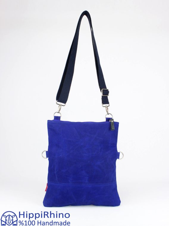 Blue Small Waxed Foldover Bag, Crossbody Shoulder Bag, Top Zipper Closure, Convertible, Everyday Tote, Long Cotton Webbing Adjustable Strap