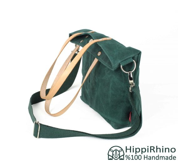 Green Waxed Tote Bag with Leather Shoulder Strap