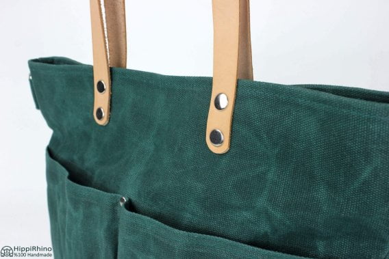 Green Waxed Tote Bag with Leather Shoulder Strap