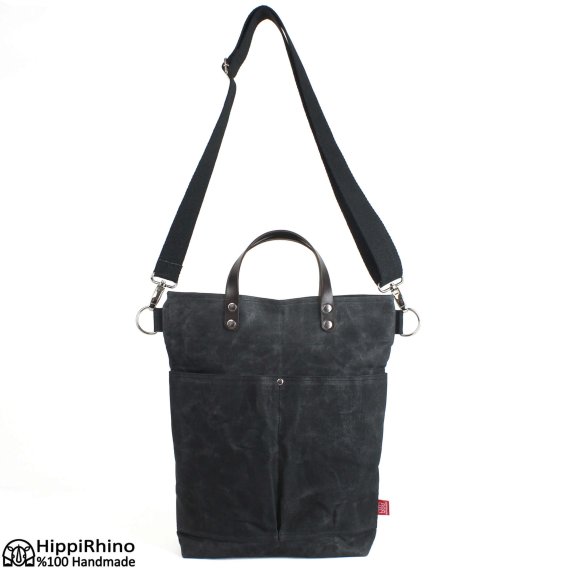 Black Waxed Canvas Tote Bag Genuine Leather Handle Long Cotton 