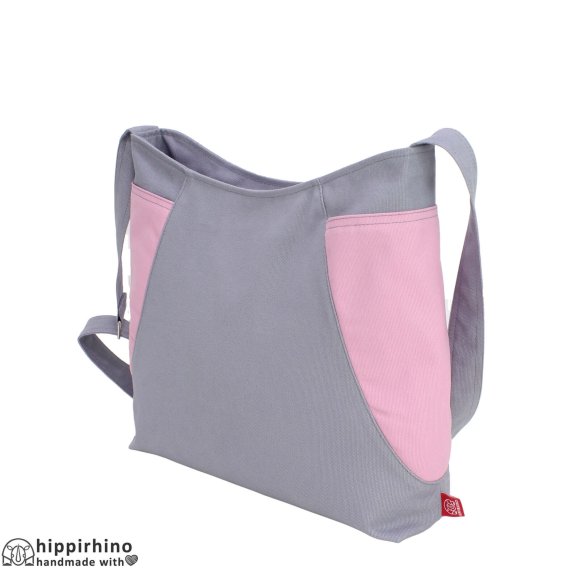 Light Grey Canvas Hobo bag Candy Pink Side Pockets