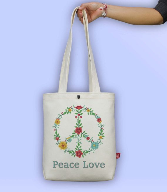 Peace Love Floral Printed Tote Bag 100% Cotton Organic
