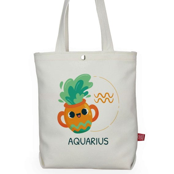 Aquarius Cartoon Tote Bag Soft Cotton Astrology Funny Zodiac Birthday Horoscope