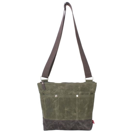 Green Brown Waxed Canvas Day Daily Everyday Tote Bag Medium Size Brown Green Two Color Bag