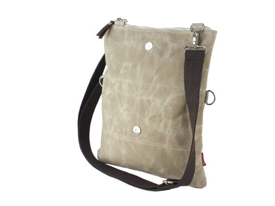 Beige Waxed Foldover Tote Bag Small Folded Crossbody Shoulder Canvas