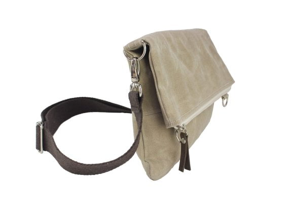 Beige Waxed Foldover Tote Bag Small Folded Crossbody Shoulder Canvas