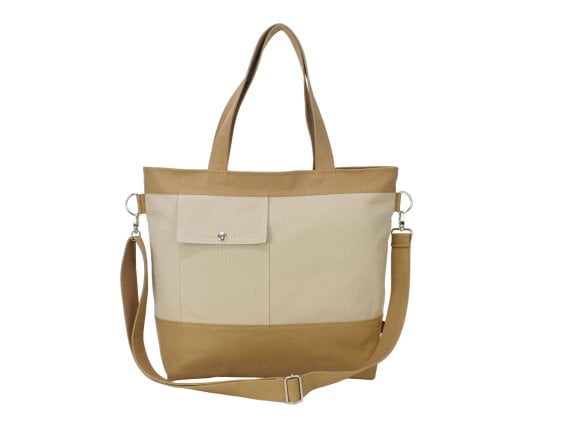 Shoulder Crossbody Two Tone Messenger Tote Cotton Canvas Zipper Closure Eco Bag