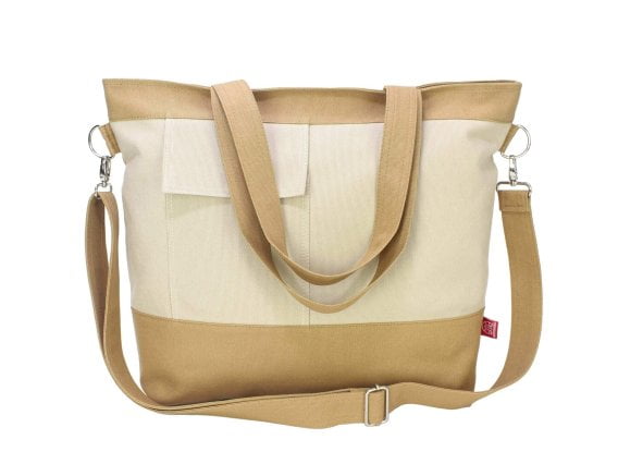 Shoulder Crossbody Two Tone Messenger Tote Cotton Canvas Zipper Closure Eco Bag