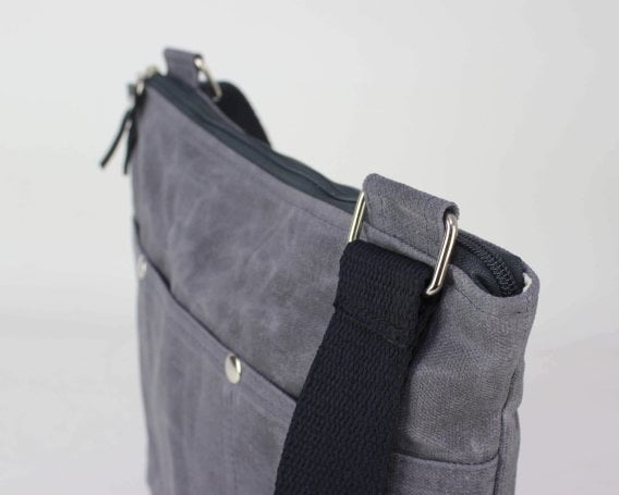 Dark Gray Waxed Crosboddy Canvas Tote Bag Medium Size Webbing Strap Messenger Bag