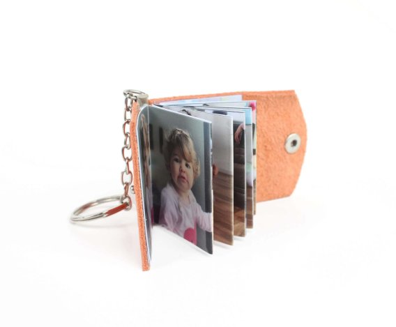 Orange Photo Album Keychain Custom Engraved Genuine Leather Keyring Mini Personalized