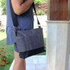 Dark Gray Black Two Color Waxed Canvas Crossbody Tote Bag on Body