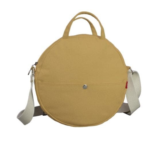 Round Canvas Bag Handmade with Front & Back Pockets Eco-Friendly Premium Cotton Stylish Versatile and Durable Crossbody Circle Purse Tote Camel