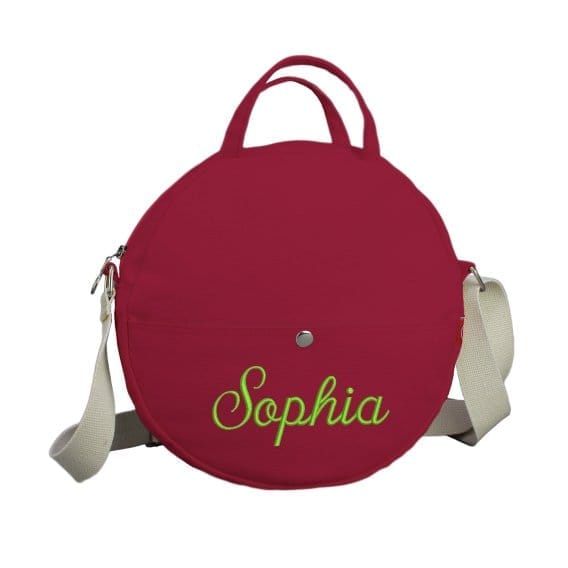 Maroon Personalized Round Bag with Embroidered Initial Custom Circle Crossbody Bag for Women Stylish Canvas Handbag Adjustable Strap and Monogram