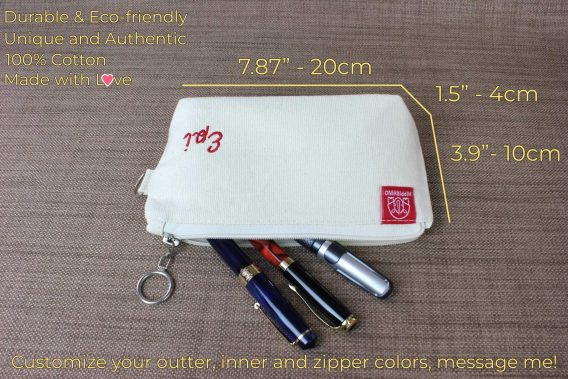 Personalized Name Pencil Case Small Cosmetic and Travel Pouch Embroidered Initials Natural Raw Cotton Zippered Bag Pouches Custom School Gifts Personalized Pencil Case with Zipper Pouch Custom Embroidered Name Initials Handmade School Supply Organizer Eco Friendly Cotton Cute Gift Gray