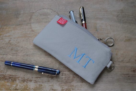 Personalized Pencil Case with Embroidered Initials Custom Monogram Canvas Pouch Zipper Bag Stationery Travel Makeup Gift Fountain Storage Light Gray