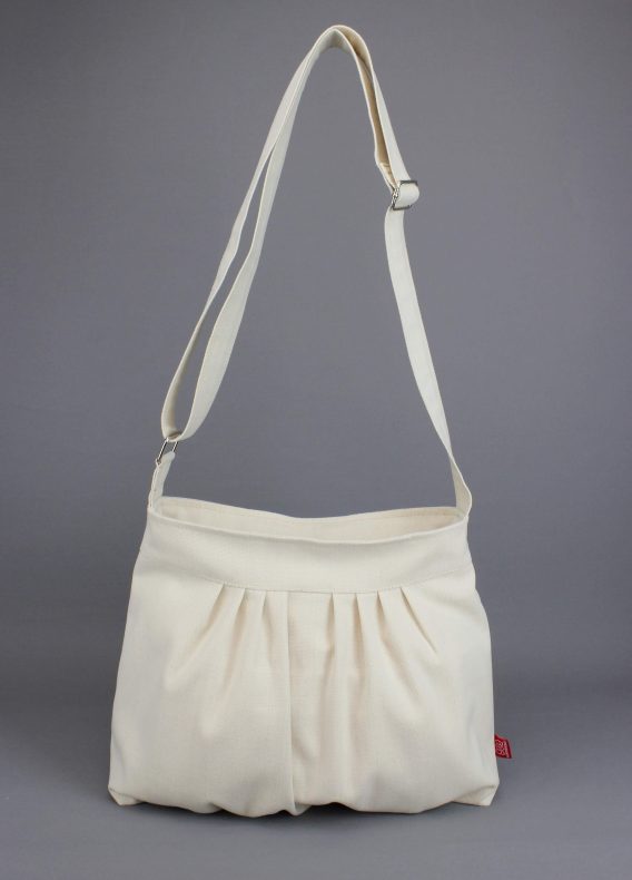 Handmade Canvas Crossbody Bag for Women Boho Pleated Cotton Shoulder Purse Natural Fabric Everyday Tote Casual Sling Bag Gift Idea Unique Cream White
