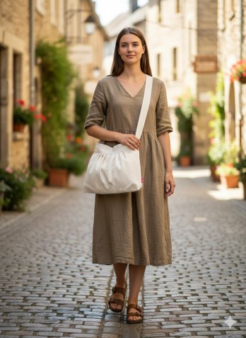 Handmade Canvas Crossbody Bag for Women Boho Pleated Cotton Shoulder Purse Natural Fabric Everyday Tote Casual Sling Bag Gift Idea Unique Cream White