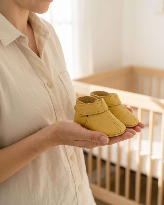 yellow mustard genuine leather baby moccasins soft sole fold-over cuff infant shoes